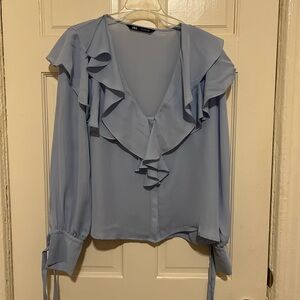 Zara Baby Blue Ruffle Button Up Blouse in a size M